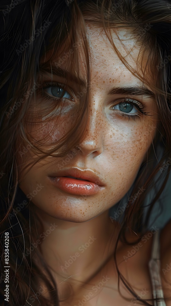 Close Up Portrait of a Beautiful Woman with Freckles and Blue Eyes Close Up Portrait of a Beautiful Woman with Freckles and Blue Eyes