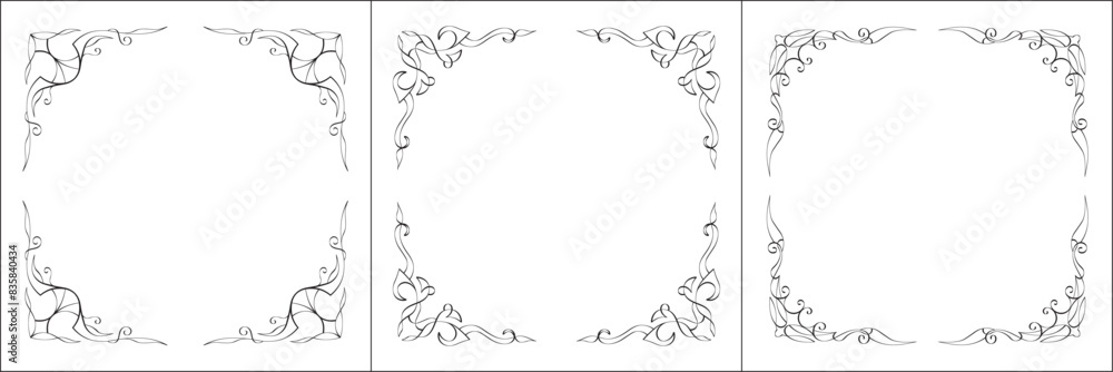 Set of three vector frames. Elegant black and white monochrome ornamental border for greeting cards, banners, invitations. Vector frame for all sizes and formats. Isolated vector illustration. Set of three vector frames. Elegant black and white monochrome ornamental border for greeting cards, banners, invitations. Vector frame for all sizes and formats. Isolated vector illustration.