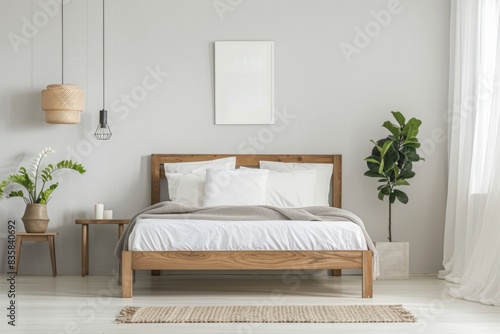 A bedroom with bed  nightstand  plant  and picture on the wall