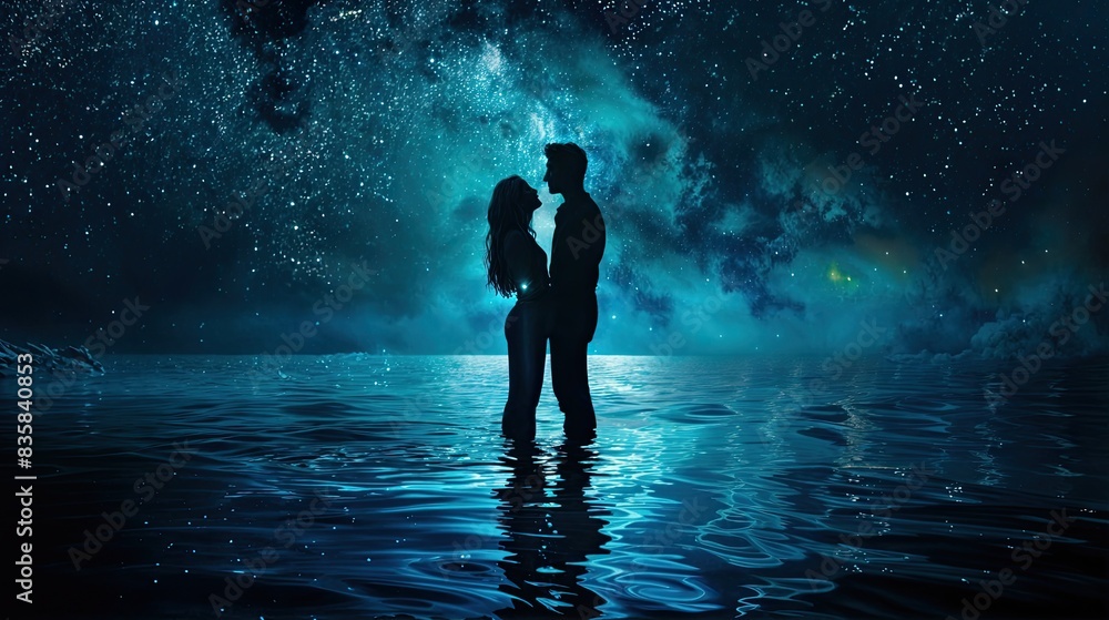 Fototapeta premium A couple is standing in the ocean, facing each other under the stars