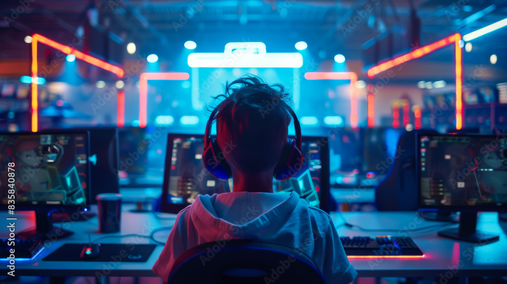 A young man sits in front of two computer monitors, wearing headphones and a hoodie. The room is brightly lit with neon colors, creating a lively and energetic atmosphere A young man sits in front of two computer monitors, wearing headphones and a hoodie. The room is brightly lit with neon colors, creating a lively and energetic atmosphere