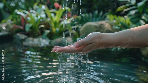 closeup of water flowing to woman s hands in garden setting for nature and environmental concepts
