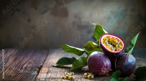 Passion fruit placed on a wooden table
