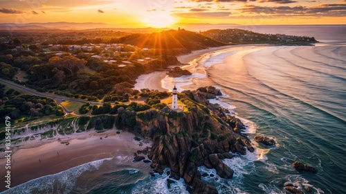 A lighthouse sits atop a rocky cliff at the edge of a bay, surrounded by a small town