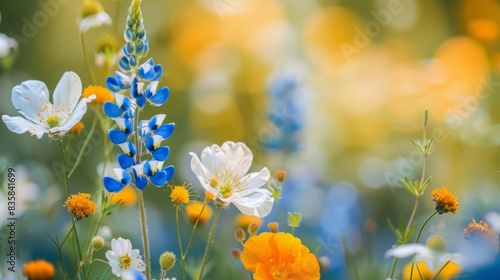 A dreamy field alive with the beauty of deep blue yellow and white wildflowers. © Justlight