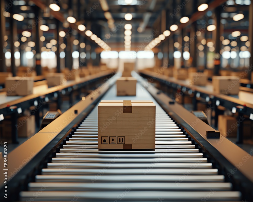 Detailed view of cardboard boxes on a conveyor belt in a warehouse, showcasing the automation and organization of e-commerce fulfillment centers Detailed view of cardboard boxes on a conveyor belt in a warehouse, showcasing the automation and organization of e-commerce fulfillment centers