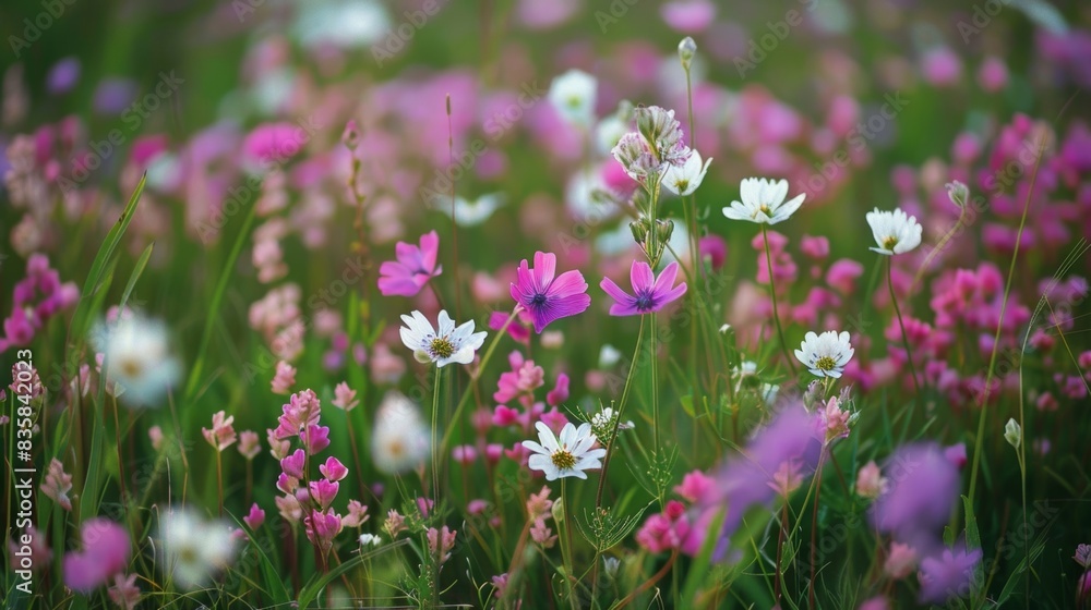 A picturesque meadow adorned with a mosaic of pink purple and white wildflowers. A picturesque meadow adorned with a mosaic of pink purple and white wildflowers.