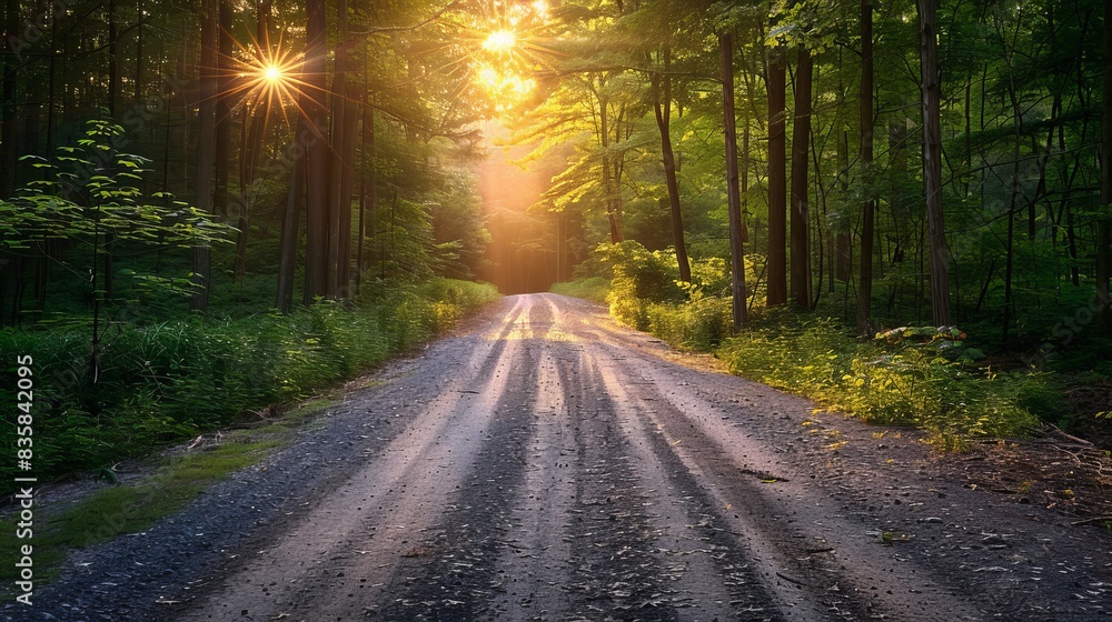 Fototapeta premium Scenic country road surrounded by lush green woods at sunset in tranquil rural setting