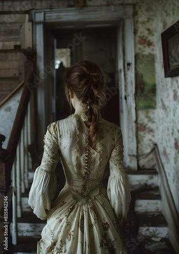 Woman in a Vintage Dress Exploring an Abandoned House