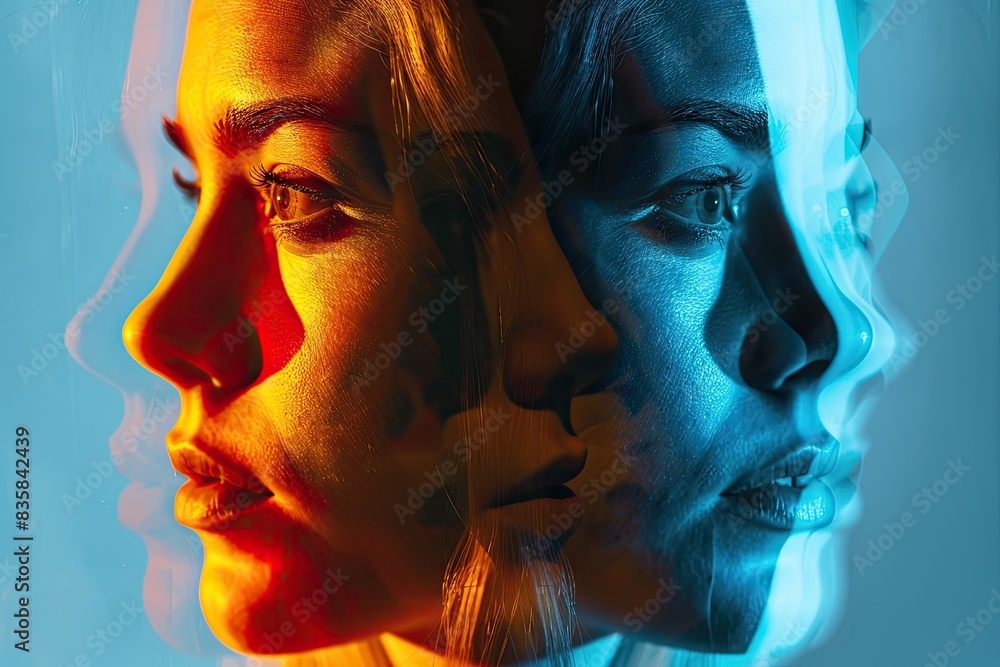 Abstract portrayal of two faces in contrasting neon lighting, symbolizing duality, mental health, and bipolar disorder. Abstract portrayal of two faces in contrasting neon lighting, symbolizing duality, mental health, and bipolar disorder.