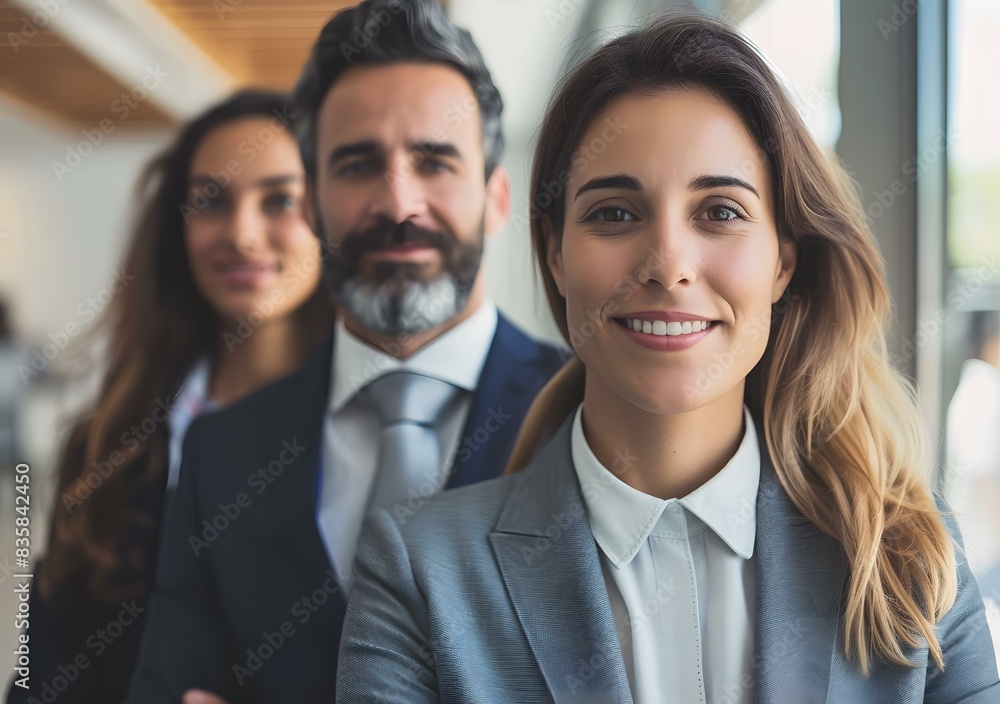 Three business people standing in a row smiling at the camera Three business people standing in a row smiling at the camera