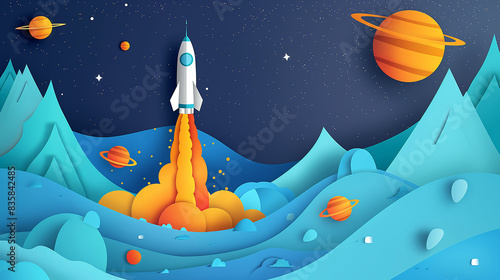 Paper Cutout Art Style Rocket Flying in Space, Start Up Concept, Design Banner Template Flat-Style Cector illustration
