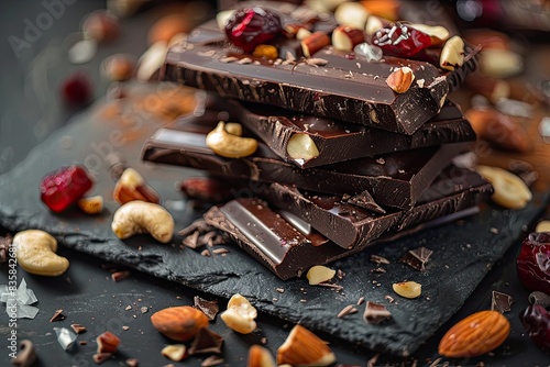 Dark chocolate pieces with nuts and dried fruit © Wan