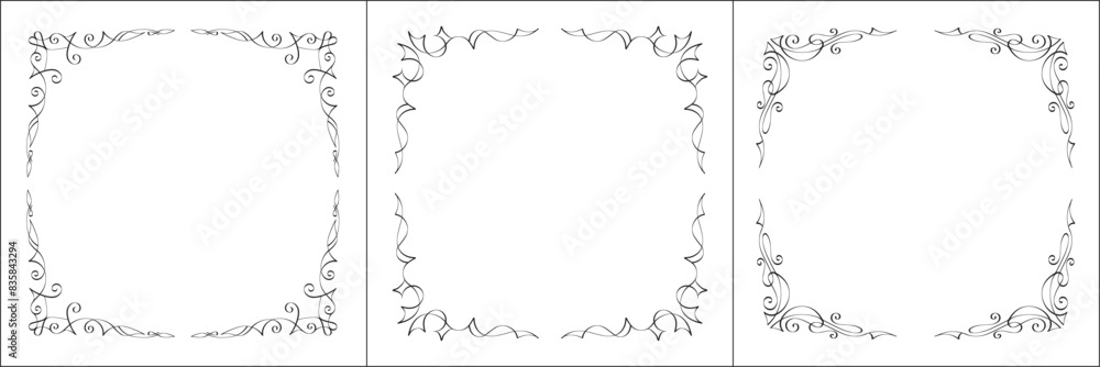 Set of three vector frames. Elegant black and white monochrome ornamental border for greeting cards, banners, invitations. Vector frame for all sizes and formats. Isolated vector illustration. Set of three vector frames. Elegant black and white monochrome ornamental border for greeting cards, banners, invitations. Vector frame for all sizes and formats. Isolated vector illustration.