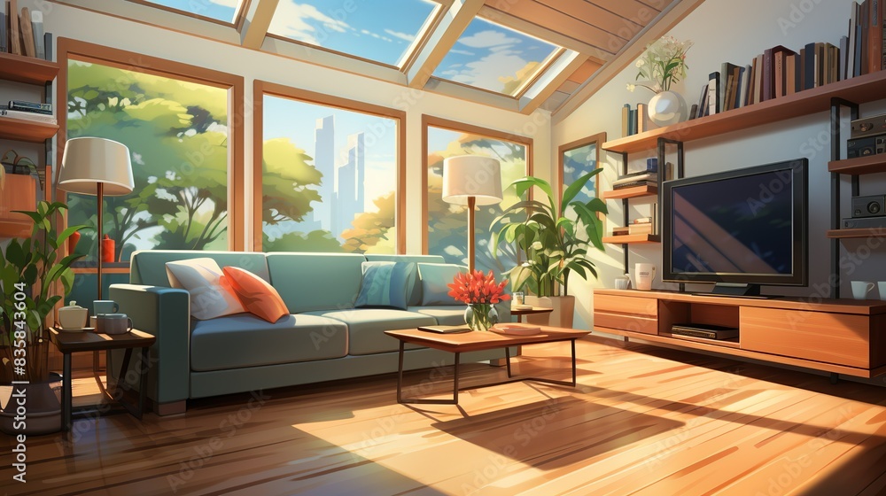 A family gathered around the TV in their cozy living room, laughing and enjoying a movie night, highlighting the simple pleasures of family leisure time. Painting Illustration style, Minimal and A family gathered around the TV in their cozy living room, laughing and enjoying a movie night, highlighting the simple pleasures of family leisure time. Painting Illustration style, Minimal and
