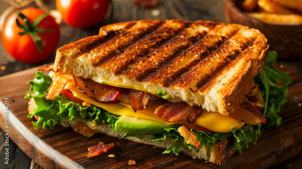 A grilled cheese sandwich with bacon lettuce tomato and avocado A grilled cheese sandwich with bacon lettuce tomato and avocado