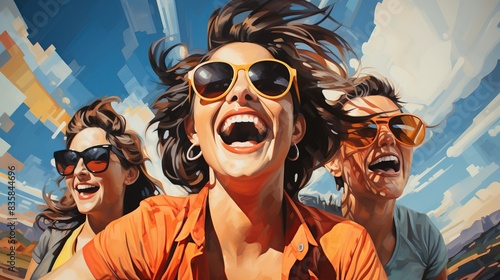 A group of friends on a road trip, smiling and laughing in a convertible with the wind in their hair, embodying the spirit of travel and adventure. Painting Illustration style, Minimal and Simple, photo