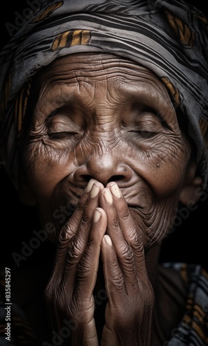 An old black woman praying. Closeup portrait © Johnovich