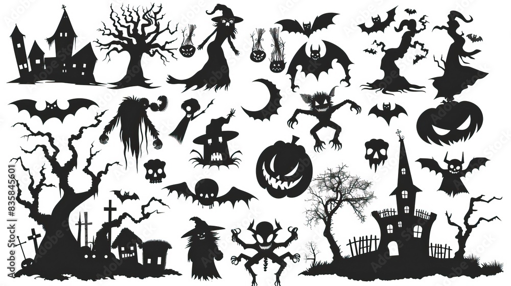 Big Set of halloween silhouettes black icon and character. Vector illustration. Isolated on white background Big Set of halloween silhouettes black icon and character. Vector illustration. Isolated on white background