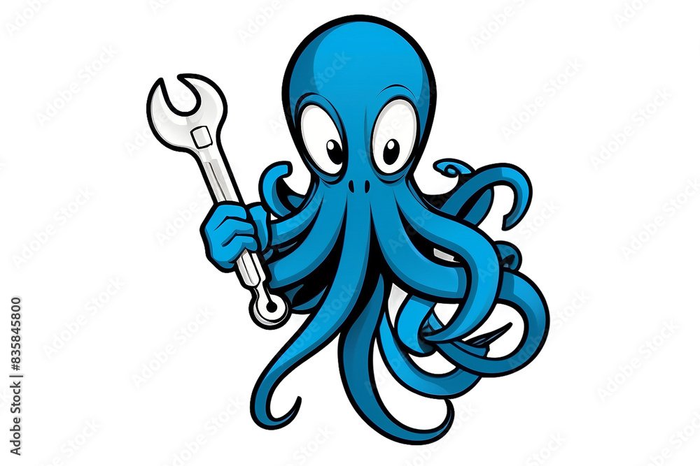 This is an image of a blue octopus holding a wrench. The octopus has a ...