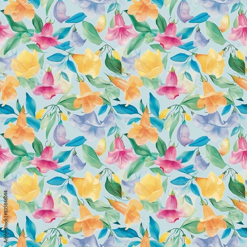 Golden bell flower, light blue, pink, yellow, leaves, golden bell flower, watercolor, seamless fabric pattern, fashion, textile, colorful background photo