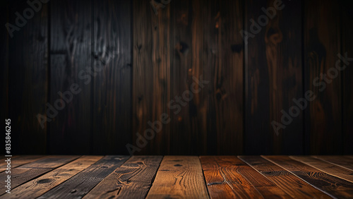 Empty dark wooden table top on blurred background. Banner with copy space. Template showcase scene for display, montage, advertising product.