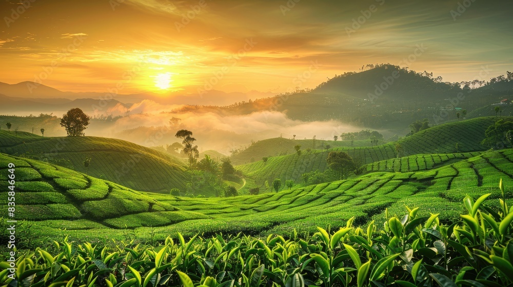 Sunrise in a green tea plantation with a natural backdrop Sunrise in a green tea plantation with a natural backdrop