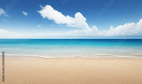 Beautiful beach, calm waves, blue sea horizon, and a blue sky with clouds. © sonderstock