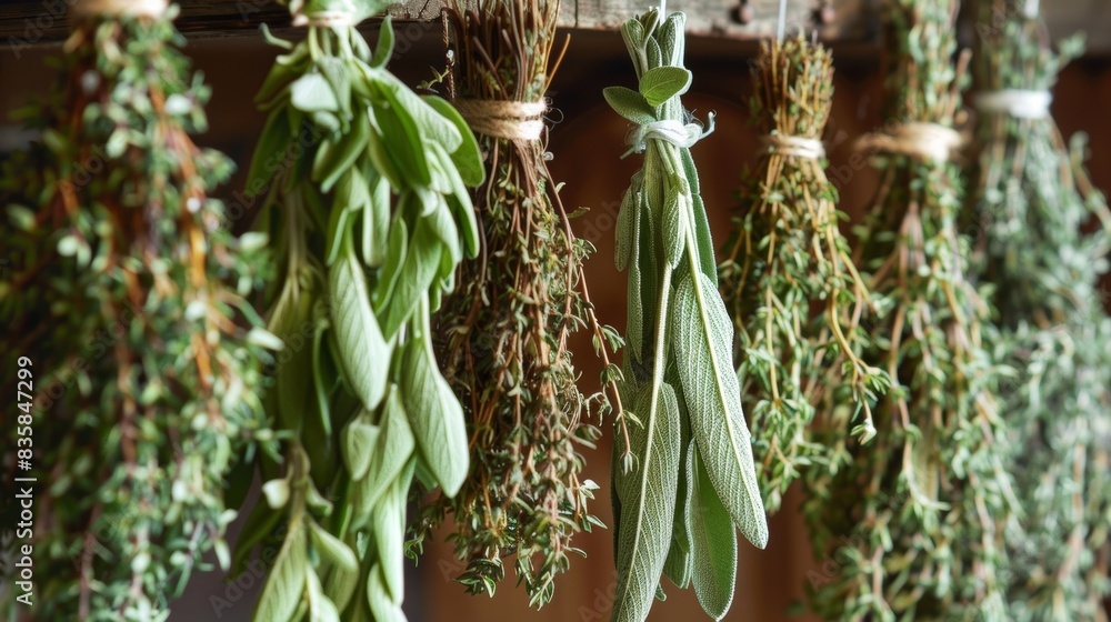 Obraz premium Dried sage oregano and thyme hanging in the kitchen ready to add flavor to any meal.