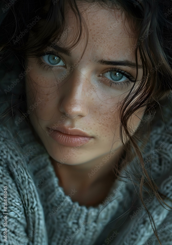 Portrait of a young woman with freckles and green eyes Portrait of a young woman with freckles and green eyes