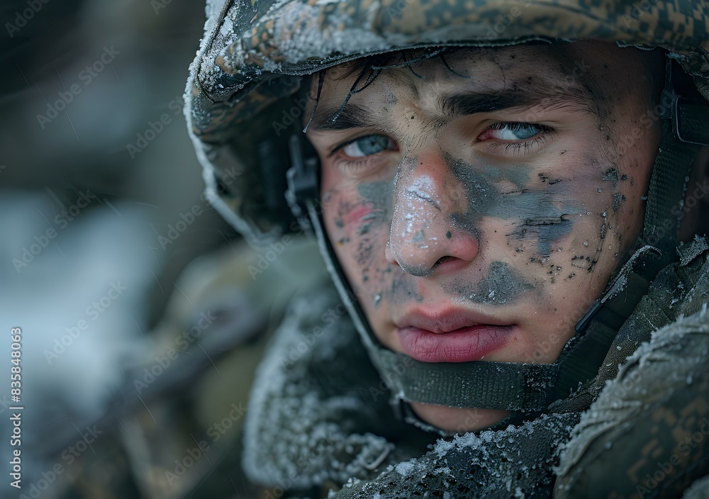 Portrait of a young soldier with blue eyes and a face covered in mud and snow Portrait of a young soldier with blue eyes and a face covered in mud and snow