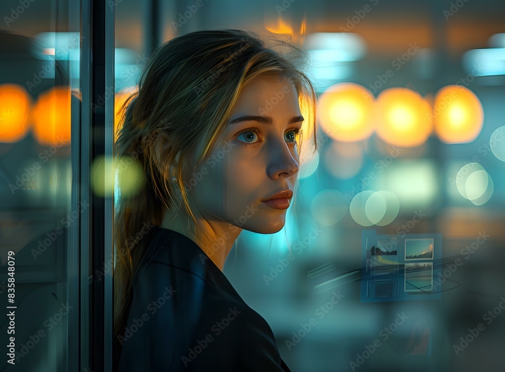 Fototapeta premium Portrait of a beautiful blonde woman looking out a window at night