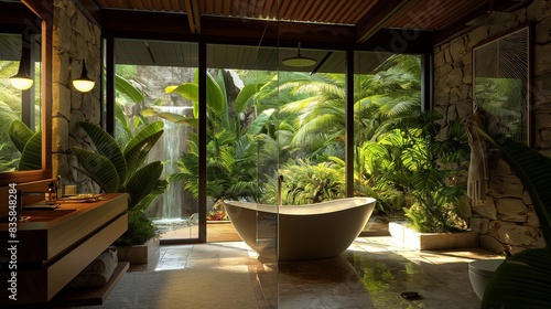 A tropical-inspired luxury bathroom with a freestanding tub, floor-to-ceiling windows, and natural stone walls, surrounded by lush greenery. © Aheer,s Graphics