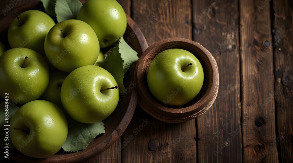 Delicious and fresh green apples on rustic wooden background.generative.ai Delicious and fresh green apples on rustic wooden background.generative.ai