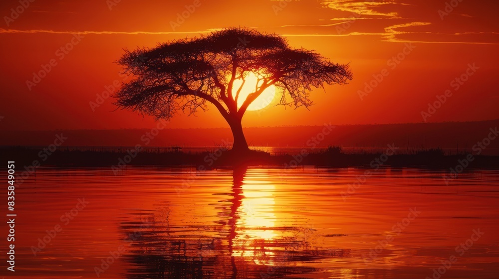 Views of African trees with sunset, silhouette trees with sunset Views of African trees with sunset, silhouette trees with sunset