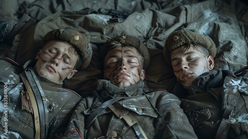 Three soldiers sleeping in a snowy foxhole photo