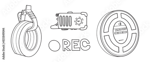 llustrated film reel, recording device, and tape in black and white for filmmaking theme.
