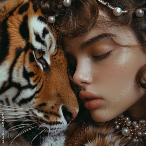 a young woman is hugging a tiger 