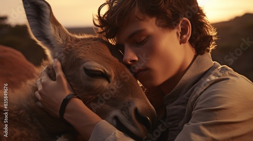 a young man is hugging a gazelle
 photo