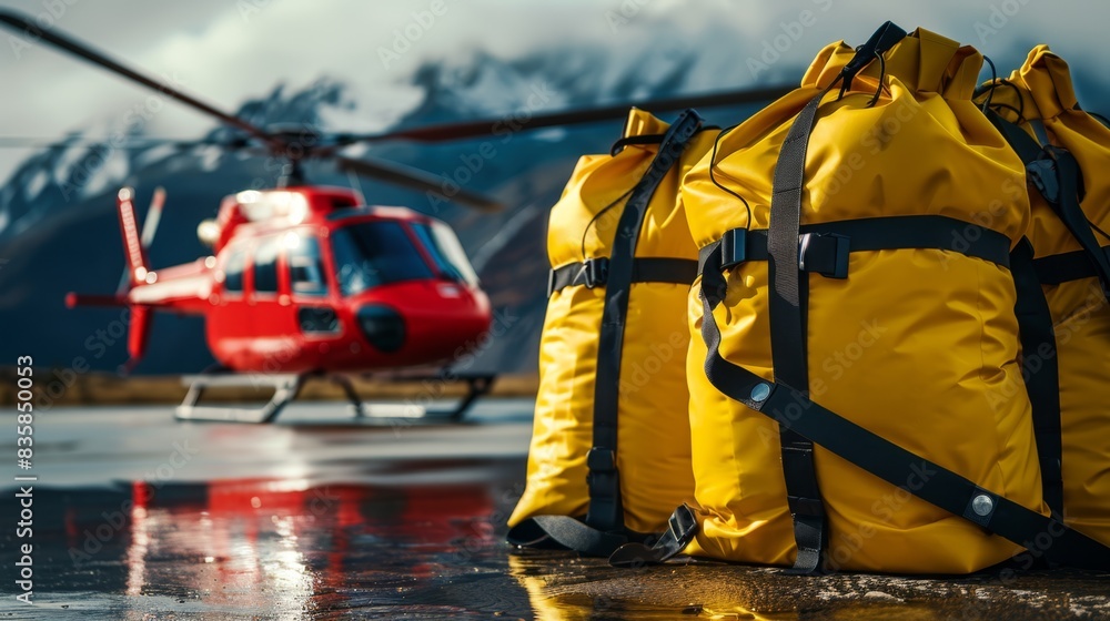 The helicopter and yellow bags