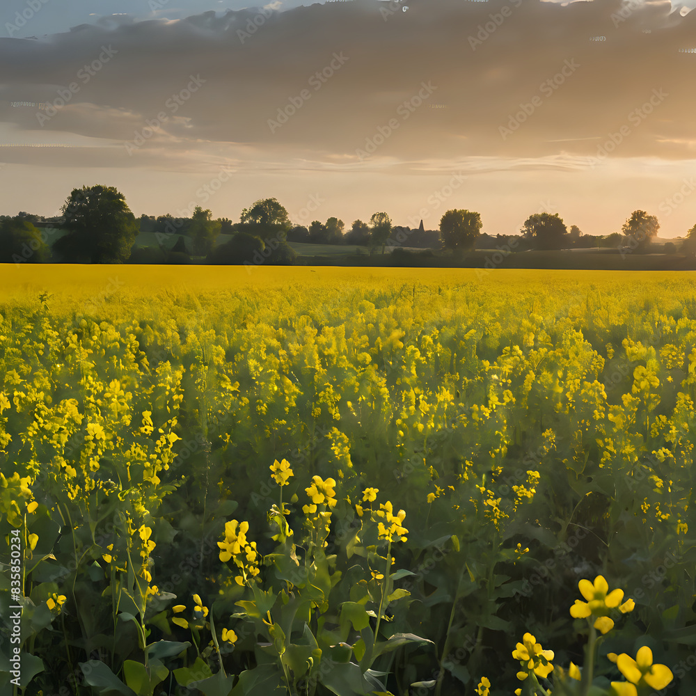 Obraz premium yellow flowers in a field with a sunset in the background