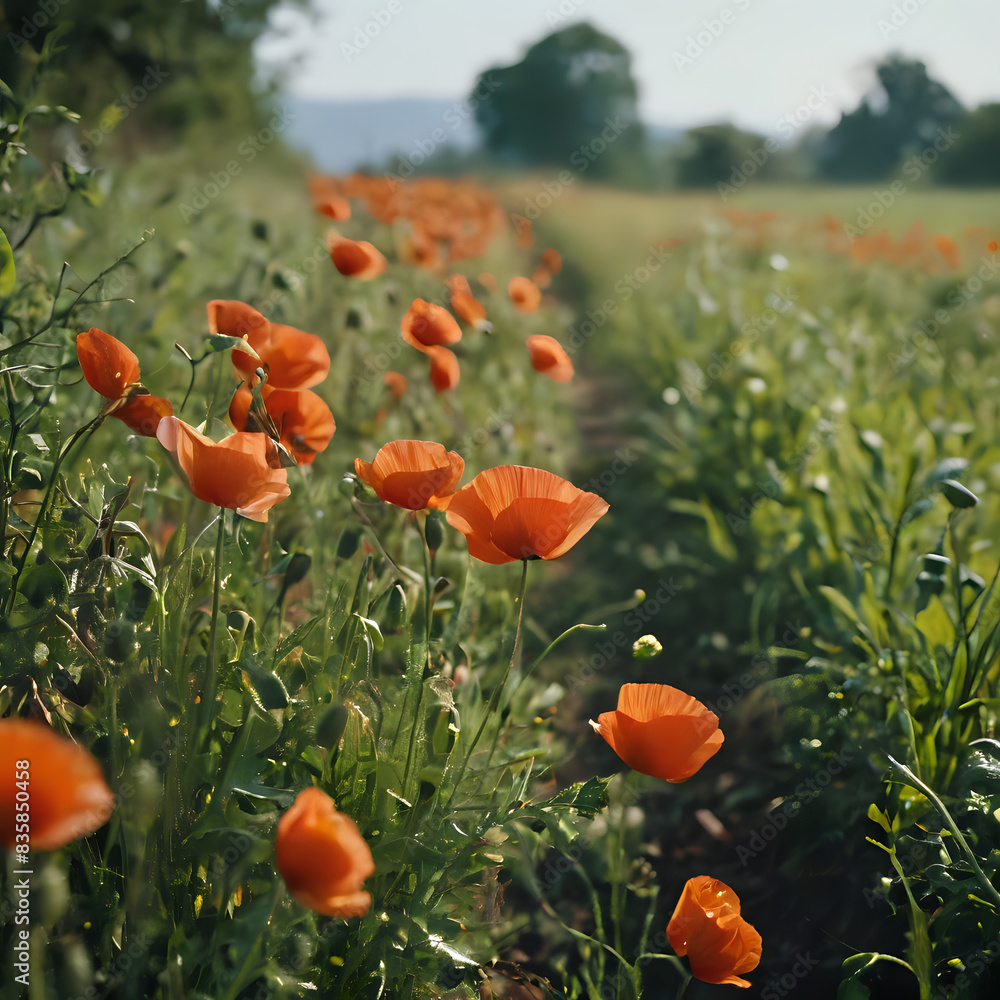 Obraz premium a many orange flowers in a field of green grass