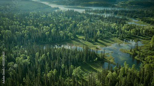 Aerial view of a lush, green boreal forest interspersed with winding rivers and small lakes