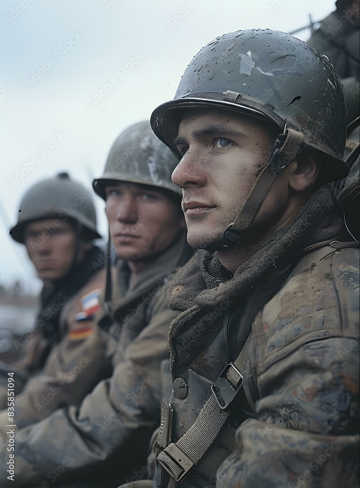 Three American soldiers in a foxhole during the Korean War. Three American soldiers in a foxhole during the Korean War.