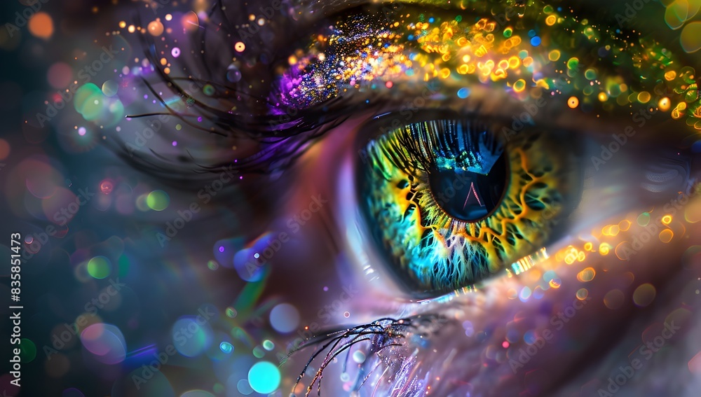 © FEEZAN ALI - A closeup of an eye with intricate patterns, surrounded swirling colors and bokeh lights © FEEZAN ALI - A closeup of an eye with intricate patterns, surrounded swirling colors and bokeh lights