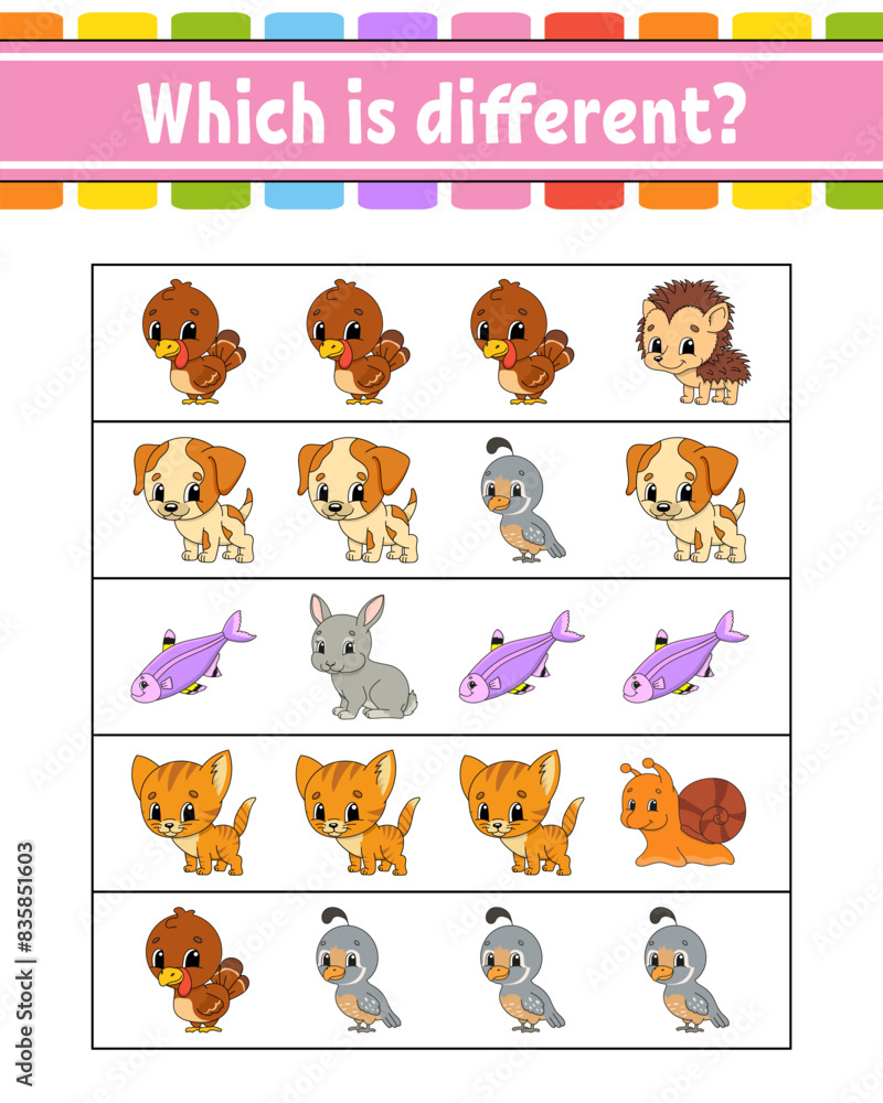 Which is different. Educational activity worksheet for kids and toddlers. Game for children. Vector illustration. Which is different. Educational activity worksheet for kids and toddlers. Game for children. Vector illustration.