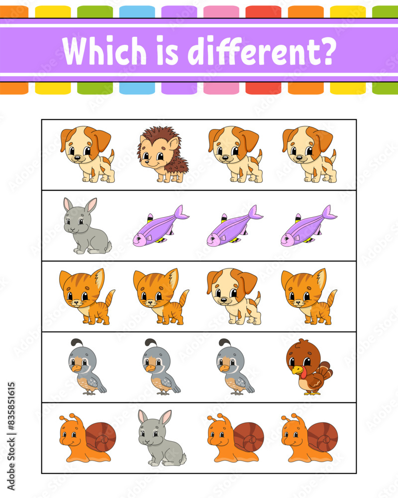 Fototapeta premium Which is different. Educational activity worksheet for kids and toddlers. Game for children. Vector illustration.