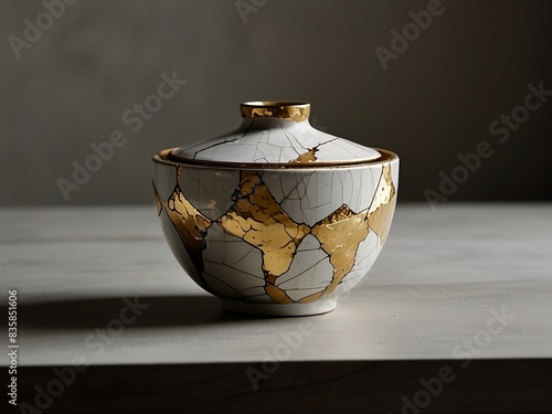 A kintsugi pot mended with shimmering gold, is displayed in a minimalist studio.