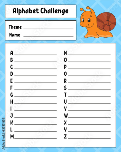 Alphabet challenge. Educational activity worksheet for kids and toddlers. Game for children. Vector illustration.
