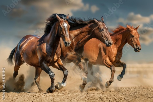Three majestic horses galloping across the sandy field in a beautiful display of power and grace